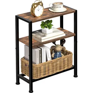 Narrow 2-Tier Side Table for Small Space, Slim Nightstand Skinny Snack Couch Table with Shelf Holder for Living Room Bedroom Study Kitchen Balcony, Rustic Brown &Black