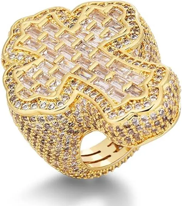 Iced Out Diamond Baguette Cross Pinky Ring Cubic Zirconia Punky Hip Hop Rapper Style Band Ring Jewelry Gift for Men Women