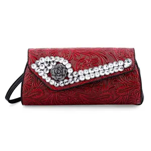 Red Flower Embossed Faux Leather Crystal Crossbody Bag