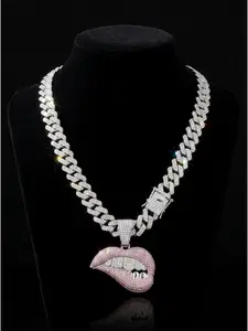 Sparkling Pink "Bitten Lip" Pendant Cuban Chain  Fully Iced-Out Hip-Hop Necklace: The Ultimate Choice for Parties and Streetwear