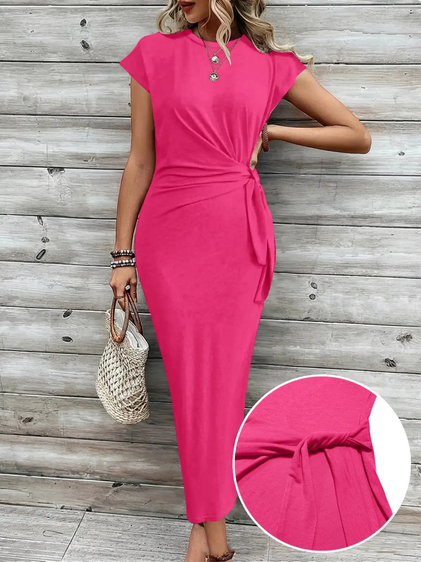 Elegant Chic Mid-Length Solid Basic Dress for Women, Waist-Cinching Fit Short Sleeve Design, Casual Daily Commute Wear, Simple, Stylish and Minimalist Clothing, Everyday