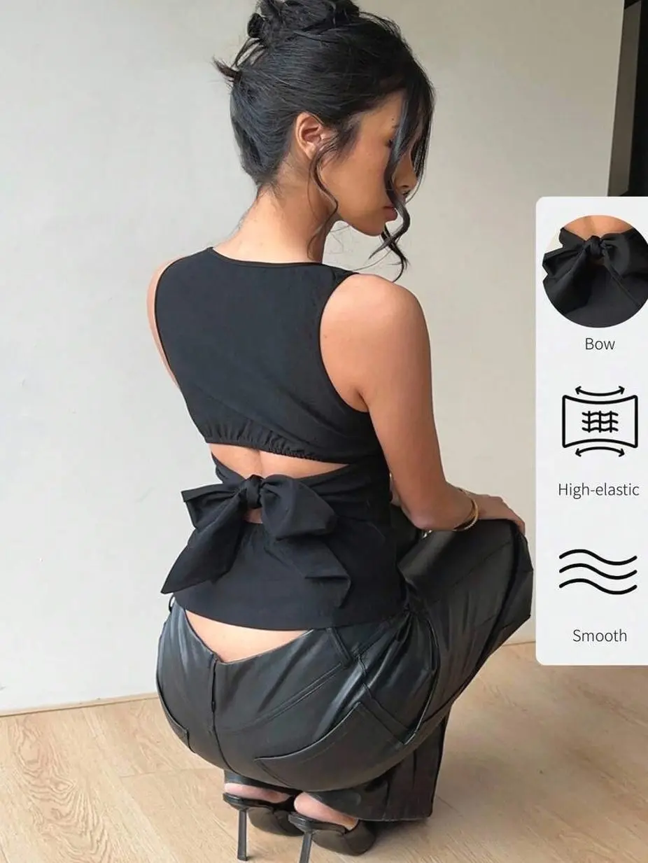 Women's Gingham Backless Bow Tie Blouse, Sleeveless Round Neck Casual Summer Top for Daily Wear