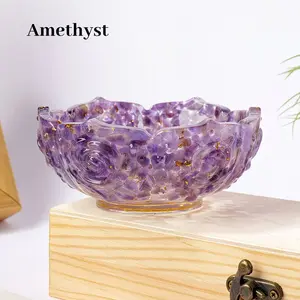 Natural Crystal Stone Resin Bowl with Rose Pattern, Jewelry Display Holder, Storage Vase, Feng Shui Wealth Pot, Home Decor Craft Ornament