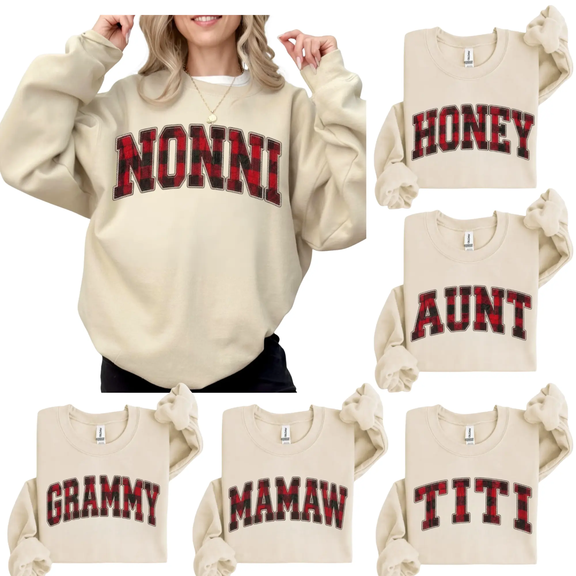 Custom Name Sand Nonni Sweatshirt, Personalized Honey Aunt Crewneck, Grammy Mamaw Titi Rustic Tartan Pullover, Arch Checkered Patchwork Jumper, Neutral Fall Winter Fleece Top, Neutral Family Matching Outfit for Women