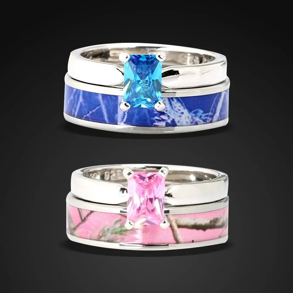 2 PCs Wedding Band Ring Sets | Wooded Camo Design Ring for Women | Stainless Steel His and Hers Engagement Ring Sets