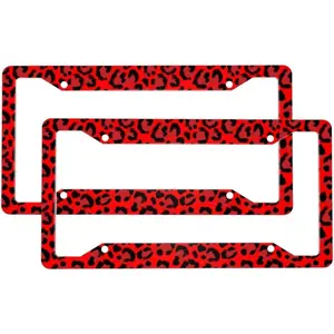 2 Pcs Car License Plate Frames for Women Men - 4 Holes Solid Aluminum Leopard Red Print License Plate Cover for Car Truck Accessories for Women Men with Fasteners and Screws