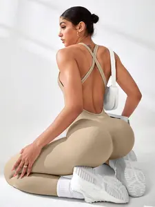 Women's Letter Print U-Neck Backless Sports Jumpsuit, Casual Sleeveless Design, Perfect for Yoga and Fitness, Multi-Season Wear, Workout Jumpsuit, Yoga Workout Jumpsuits