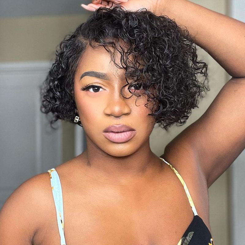 OQHAIR 8 Inch 13x4 Lace Front Pixie Wigs Summer Look Short Curly Wigs Human Hair 180 Density