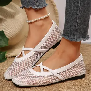 Women's Mesh Ballet Flats Round Toe Fishnet Ballerina Flats Crisscross Strap Parties or Casual Dress Shoes
