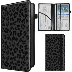 Registration and Insurance Holder,Leather Insurance License and Registration Card Holder For Car Glove Box, Auto Truck Document Holder Organizer For Men Women- Black leopard print