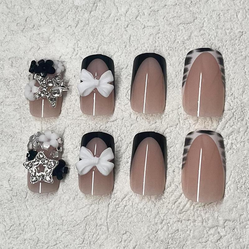French Tip Press on Nails - Short Square Fake Nails with 3D Bow Charms - Black & White Zebra Print False Nails with Small Flowers, Silver Stars, and Rhinestones - 24Pcs DIY Nail Art Kit