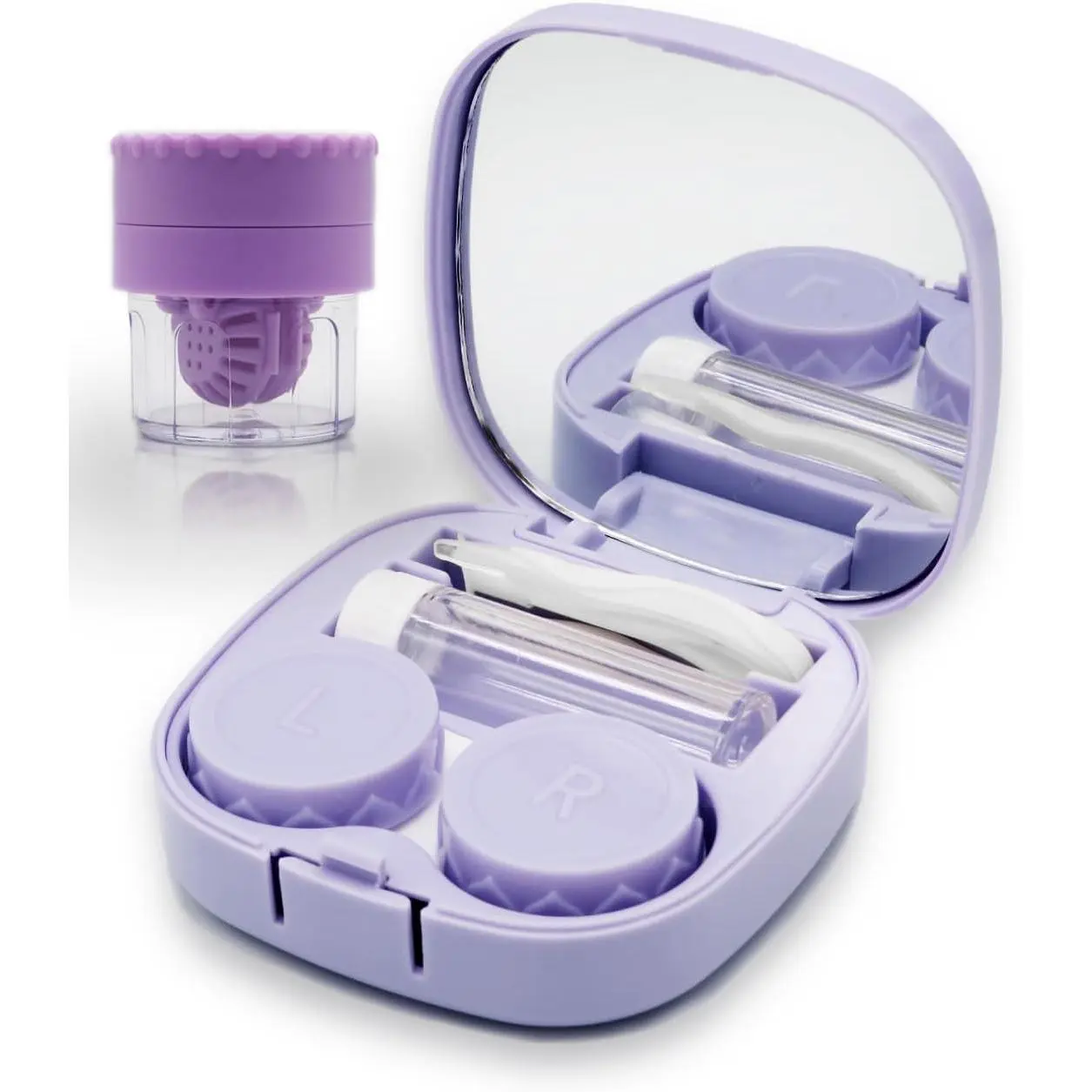 Purple Contact Lens Care Kit - Travel-Size Set with Cleanser Washer, Applicator, Remover Tool, Mirror, and Solution Bottle for Daily Outdoor Use