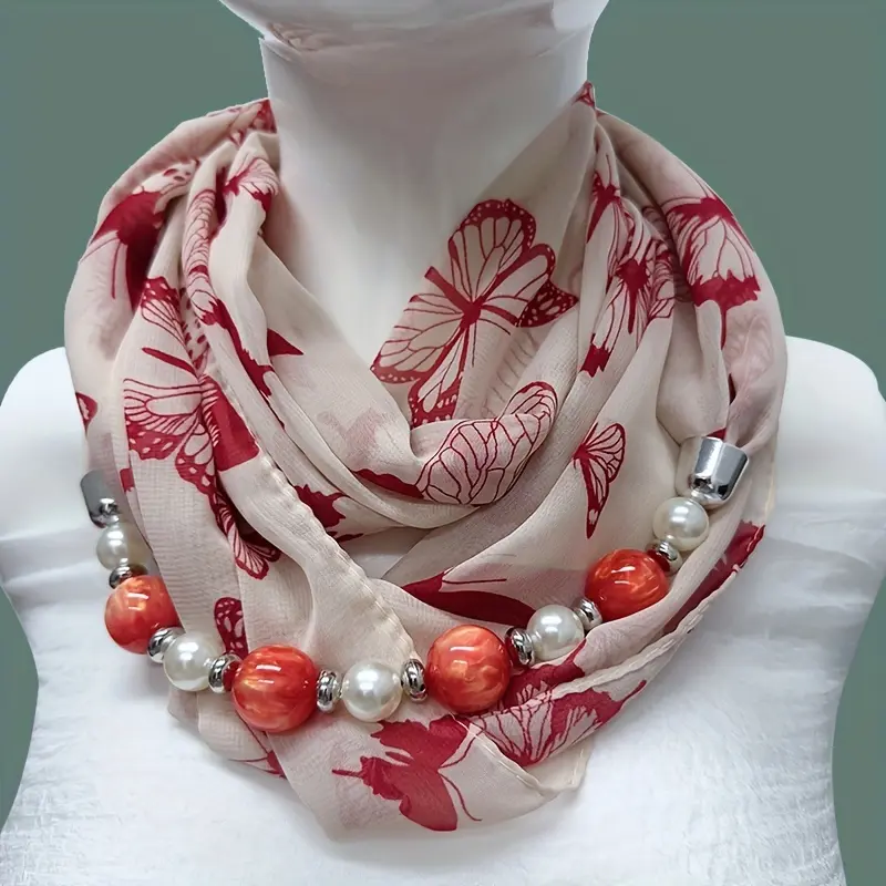 Women's Elegant Polyester Satin Graphic Scarf - Lightweight Neck Accessory with Beaded White Leaf Drawn Motifs, All-Season Fashion Clothes Accessory