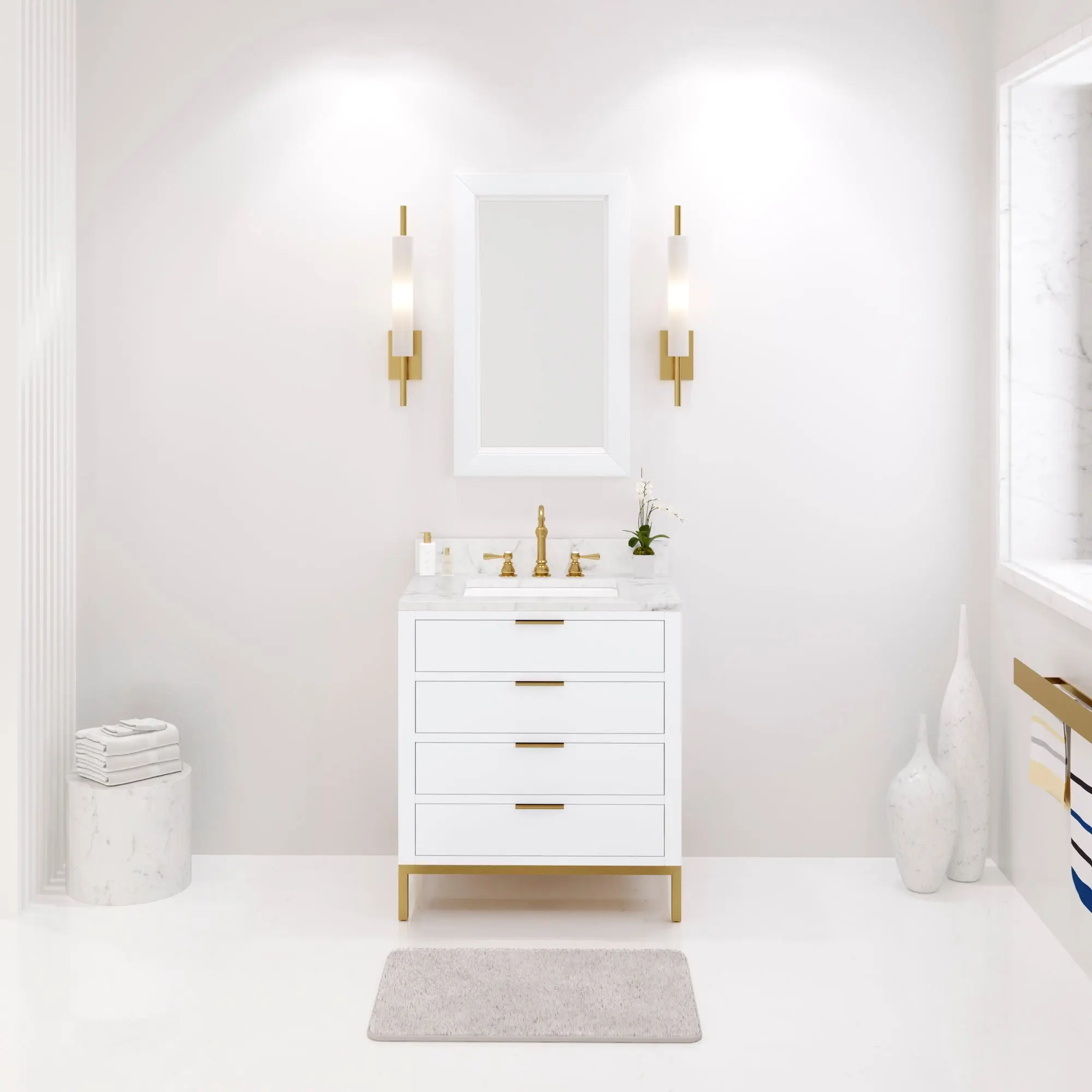 Water Creation Bristol 30" Single Sink Carrara White Marble Countertop Bath Vanity in Pure White with Satin Gold Hook Faucet