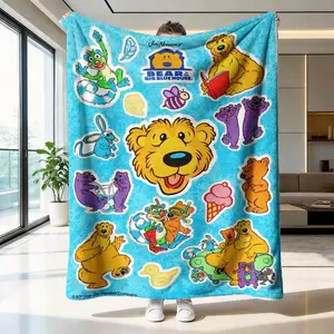 Blue House Bear Flannel Blanket, Soft and Skin-Friendly, Warm, Suitable for Sofa, Bedroom, Nap, Multiple Scenarios