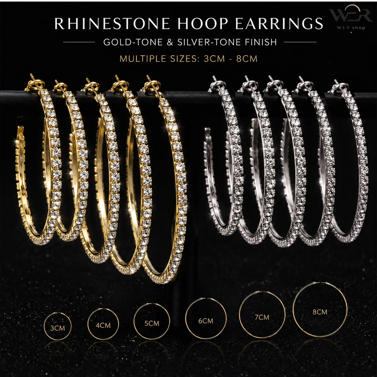 Women's Rhinestone Hoop Earrings, Large Sparkly Stones & Shiny Embellished Lightweight Jewelry for Daily/Party Wear, Gold/Silver Tone, 3cm - 8cm, Large Sparkly Stones Earrings, Earrings For Women, Classic