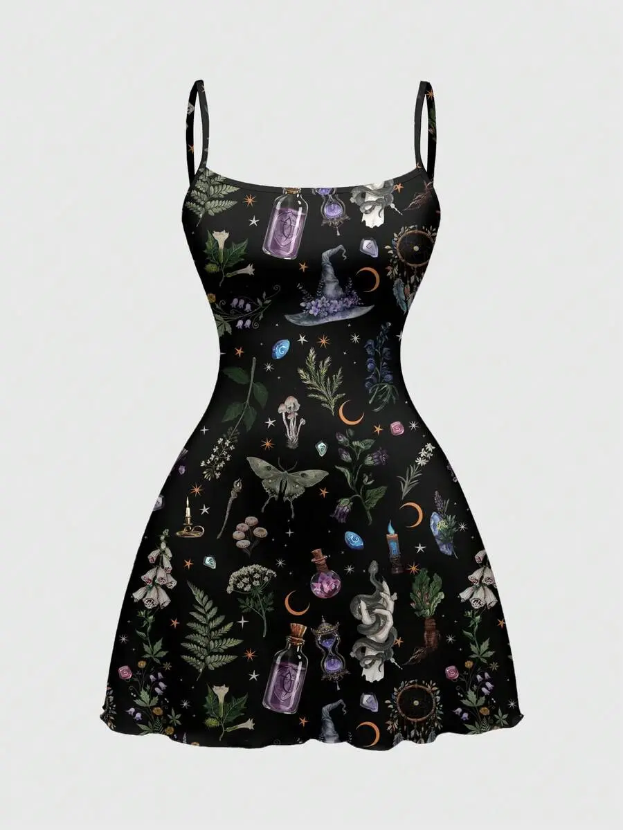 BERRYSHOP Plus Size Hippie Dark Academia Magical Bottle Sexy Summer Spaghetti Strap Elastic Dress