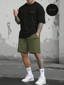 Men's Summer Casual Fashion Round Neck Short Sleeve Shorts Set, Simple Pattern, Plant, Gentleman Style, Holiday Gift, Fitted Design, All Seasons