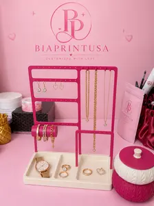 Luxury Jewelry Organizer Display Stand with Bracelet Holder, Necklace Rack & Ring Tray – Pink & White