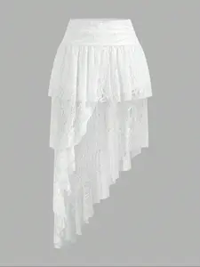 Women's Plain Tiered Layer Lace Skirt, Elegant Asymmetrical Hem Short Skirt for Party Holiday Wedding Guest, Ladies Bottoms for All Seasons, Womenswear