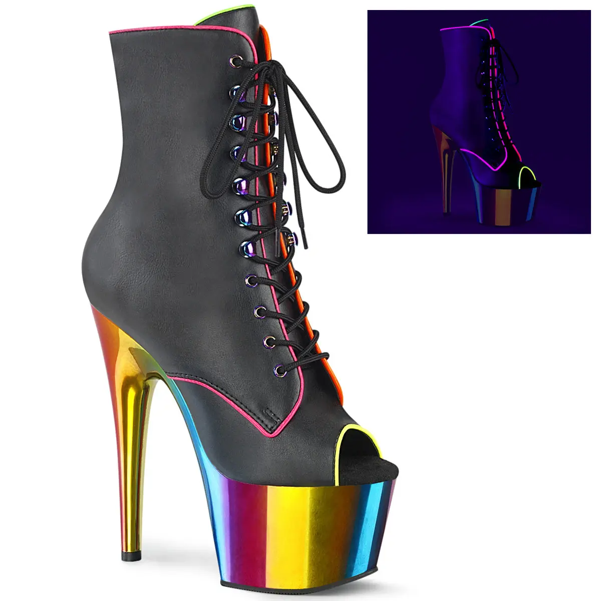 Women's Heeled Peep Toe Ankle Booties, Synthetic Lace-Up Platform Footwear with 7-Inch Rainbow Chrome Heel and Side Zip, High Heel, Statement Shoes, Elegant Heels
