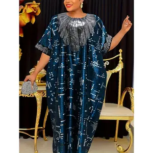 Elegant Middle Eastern Sequin Print Kaftan Dress with Hijab - Batwing Sleeves, Round Neck, Polyester Blend, Non-Stretch Woven Fabric, All-Season, Blue and Black