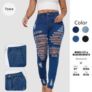 Women's Cotton Mid-Waist Distressed Ripped Skinny Jeans - Polyester-Spandex Fabric, Basic Minimalist Style, Hip-Flattering Hole Design Everyday Streetwear Bottoms,summerwins