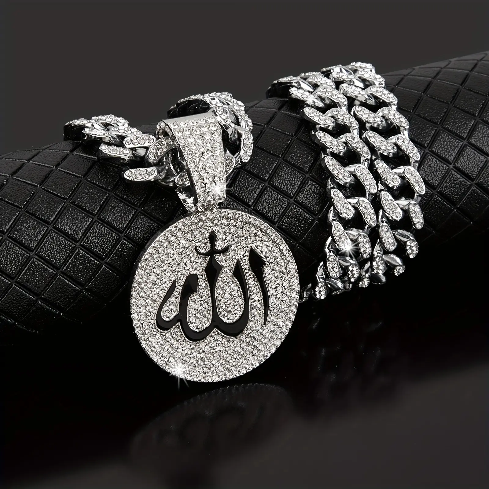 Vintage Allah Pendant Necklace with Moissanite, Hip-Hop Style Cuban Link Chain Jewelry for Unisex Wear, Durable with Adjustable Clasp
