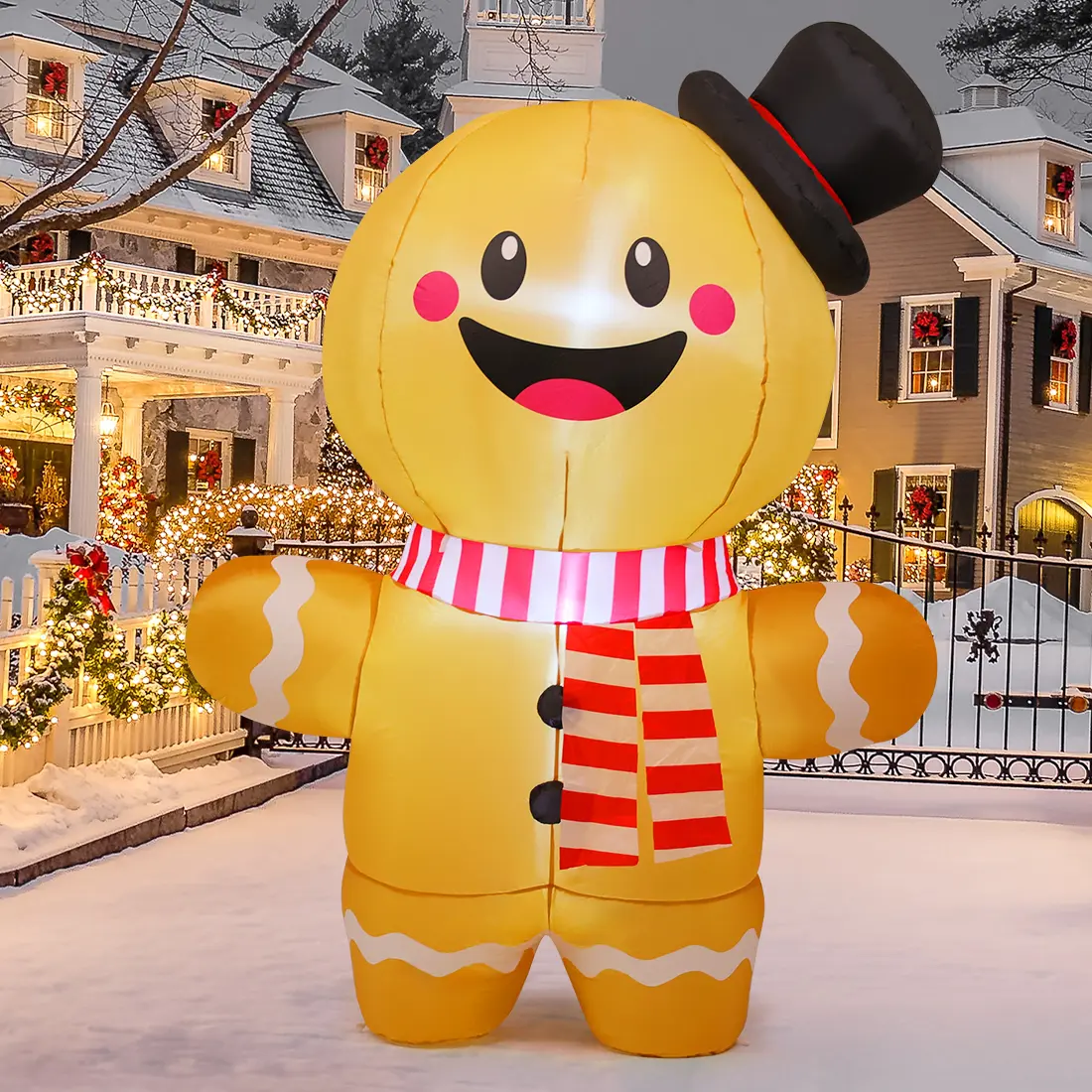 GOOSH 6.2 FT Man-Shaped Nostalgic Christmas Inflatable Gingerbread Character, Waterproof LED String Lights, Polyester Decor with CE and UL-Certified Adapter, Stakes for Outdoor/Indoor Holiday Parties