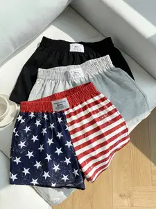 Women's Summer Solid Color and Usa Flag Print Loose Elastic Polyester Shorts, Casual Sporty Fitness, Patriotic Holiday Independence Day Wear