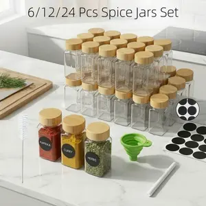 6/12/24 square glass spice jar set with bamboo lid, includes funnel, labels, and cleaning brush for convenient spice storage.