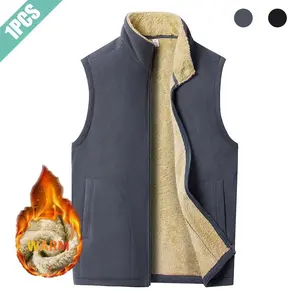 Men’s winter warm vest, lined with wool, regular fit, polyester fiber, zipper design, easy machine washable, casual style, medium size menswear tops, plain gilet/vest, wetsuit color (beige/black), crew neck essentials