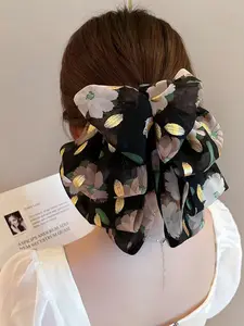 Women's Elegant Floral Print Bow Decor Hair Claw, Vintage Trendy Hair Claw, Fashionable Hair Accessories for Women & Girls, Flower Hair Clip