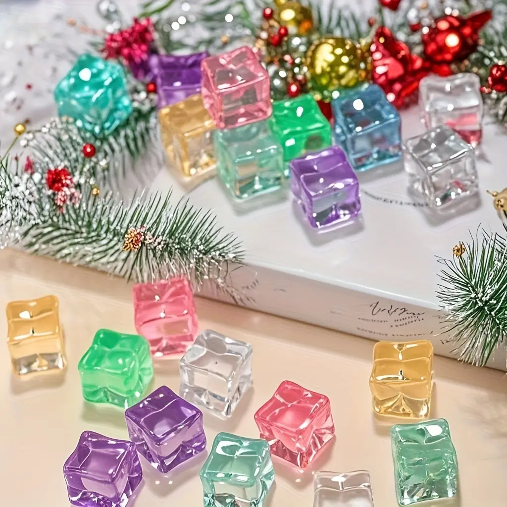 32 High-Transparency Colored Acrylic Ice Cubes- Christmas, Halloween, Easter, Thanksgiving Party Decorations, Craft Materials, Non-Toxic And Lightweight Holiday Decorations, Perfect for Matching The Festive Atmosphere, Home Desktop Decor