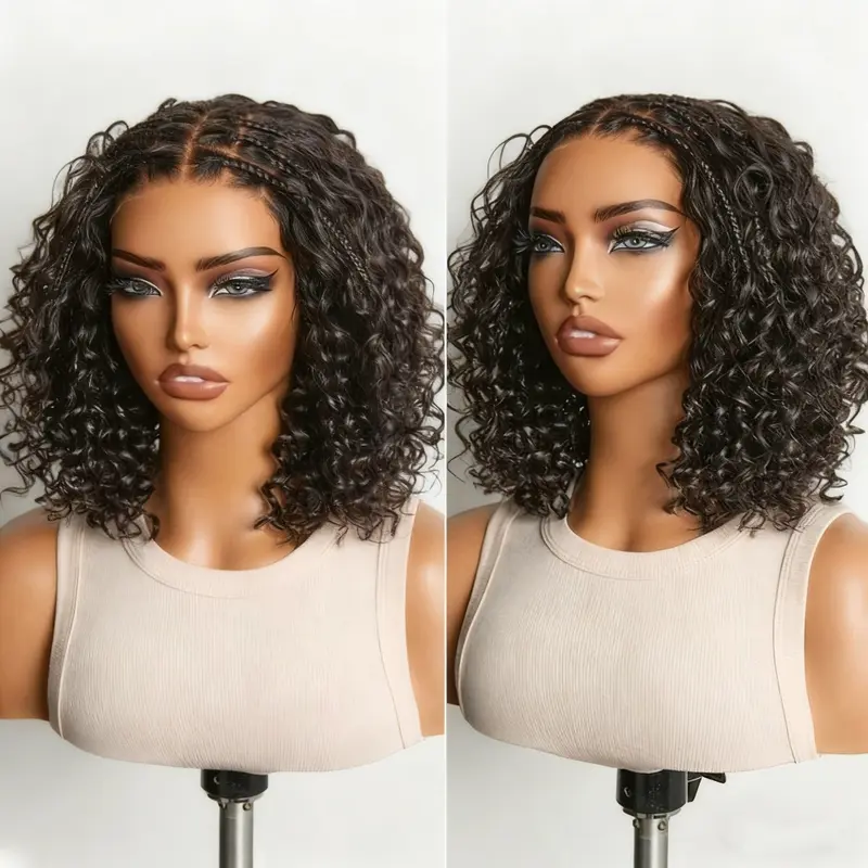 Flash Sales Boho Braided Deep Curly 5x5 Closure Lace With Braided Bob Human Hair Wigs Curly Deep Wave Glueless Pre Cut Plucked Lace Short Wig Ready To Go Ombre Brown Highlight