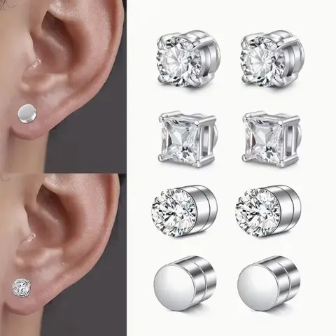 4 Pairs Of Magnetic Earrings Without Punching Ear Clips, Silvery Stainless Steel Punk Style Earrings, Safe And Painless Women's Earrings, Non Piercing Jewelry