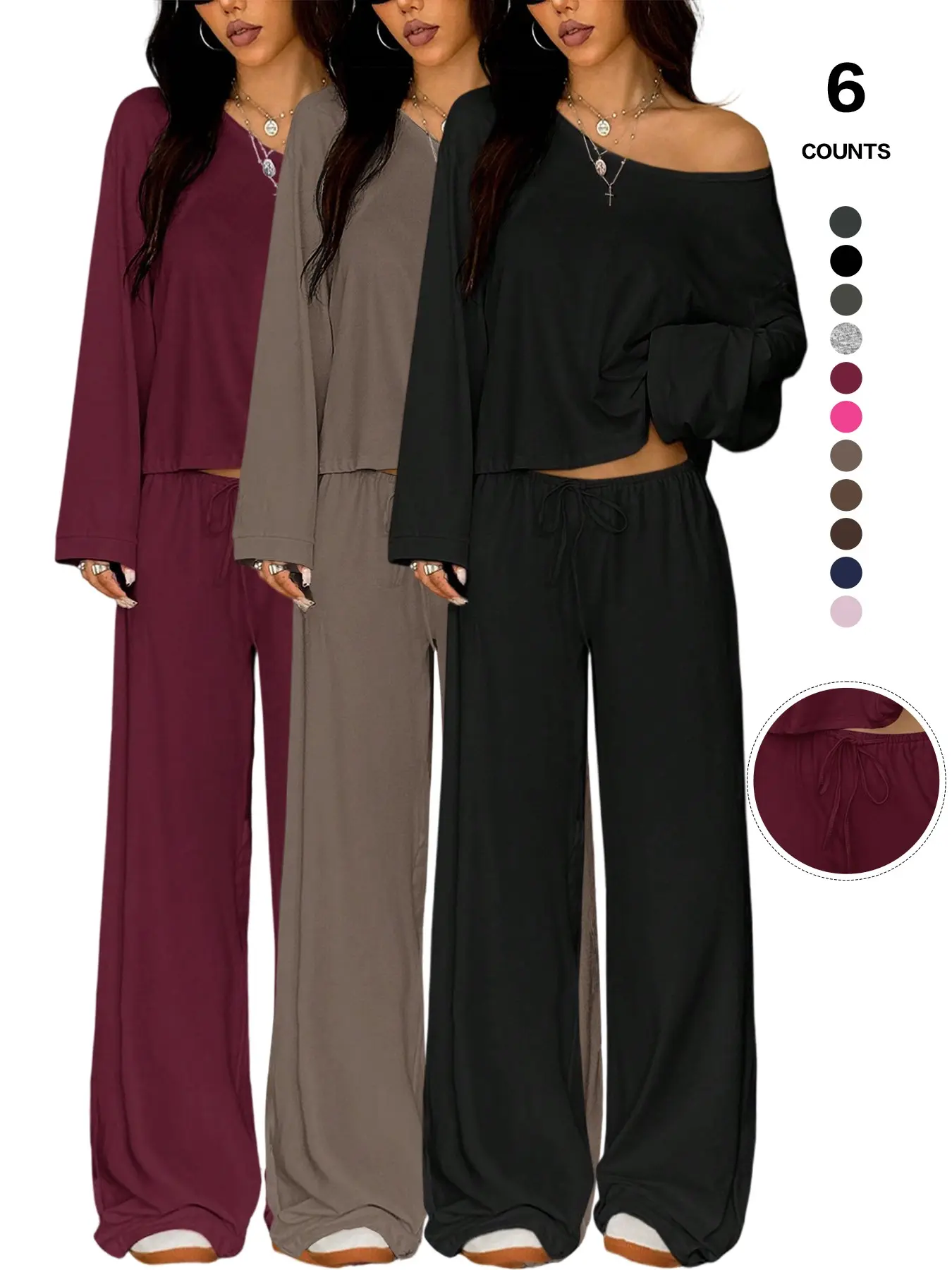Women's Multi-Pack Loungewear Set, Casual Pajama Set, Asymmetrical Neckline Long Sleeve Top & High-Waisted Wide-Leg Pants, Fitted Design, Spring/fall Season