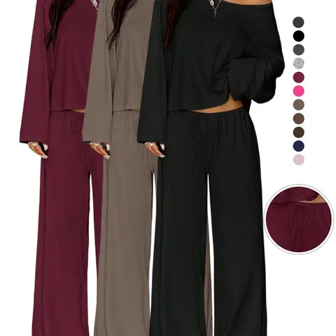 Women's Multi-Pack Loungewear Set Pajama Set Nightwear, Asymmetrical Neckline Long Sleeve Top & High-Waisted Wide-Leg Pants, Fitted Design, Spring/fall Season