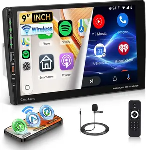 9 Inch Single Din Car Stereo with Wireless Carplay Android Auto，1 DIN Touchscreen Car Radio with Bluetooth Mirror Link AM/FM/RDS Steering Wheel Control EQ USB Online Video+ Backup Camera