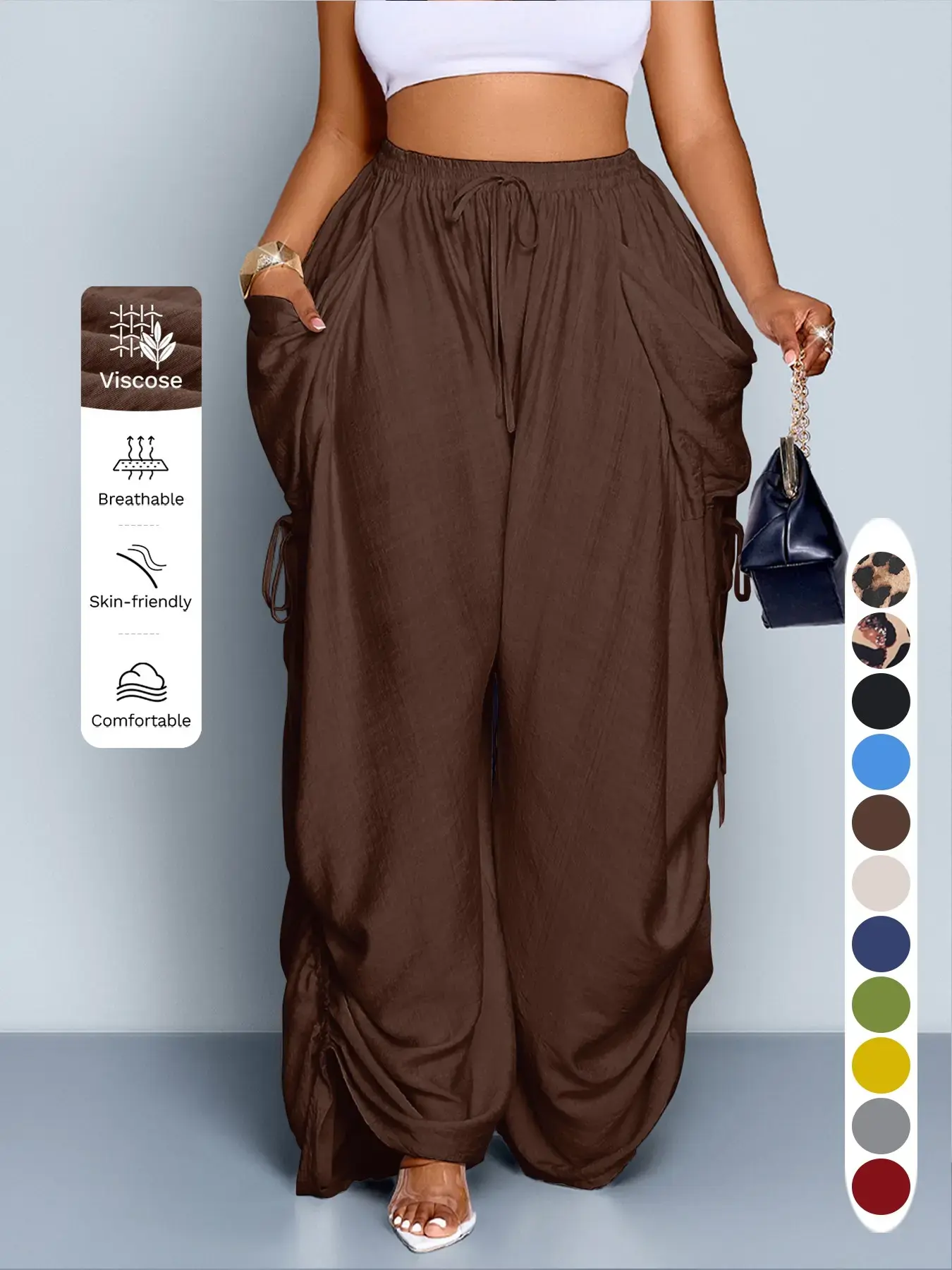 Women's Casual Loose-Fit High Waist Wide Leg Pants, All-Season Woven Fabric, Long Plain Design, Daily Commute & Vacation Wear
