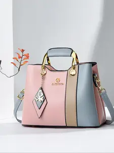 National Day Offers Women's Fashion Colorblock Patchwork Handbag, Casual Large Capacity Zipper Shoulder Bag with Butterfly Charm, Trendy Versatile High-quality Daily Commuting Bag, Fashionable Handbag