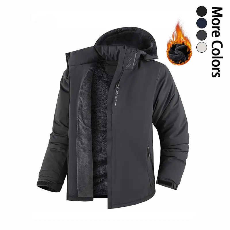 Men’s Thick Fleece Hooded Polyester Jacket - Windproof, Warm Ski Outerwear with Zippered Pockets for Hiking/Light Outdoor, Cold Weather Use, Polyester Clothes