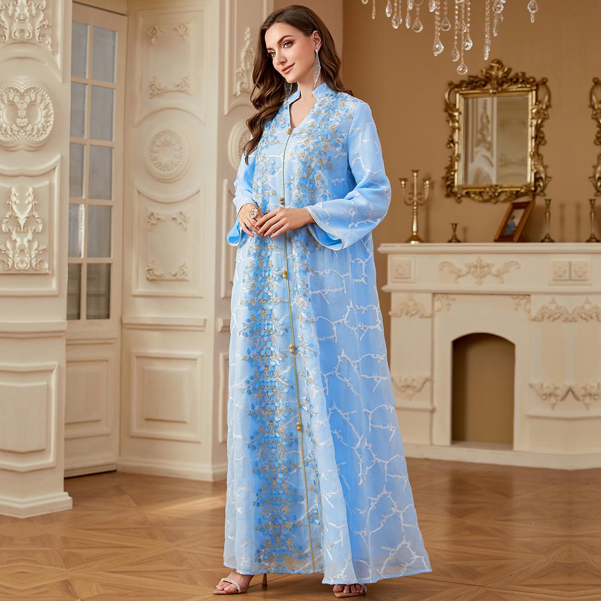 Ramadan Dubai Woman’s Abayas Embroidered Sequin Floral Patter V-Neck Elegant Casual Kebaya Muslim Long Dress