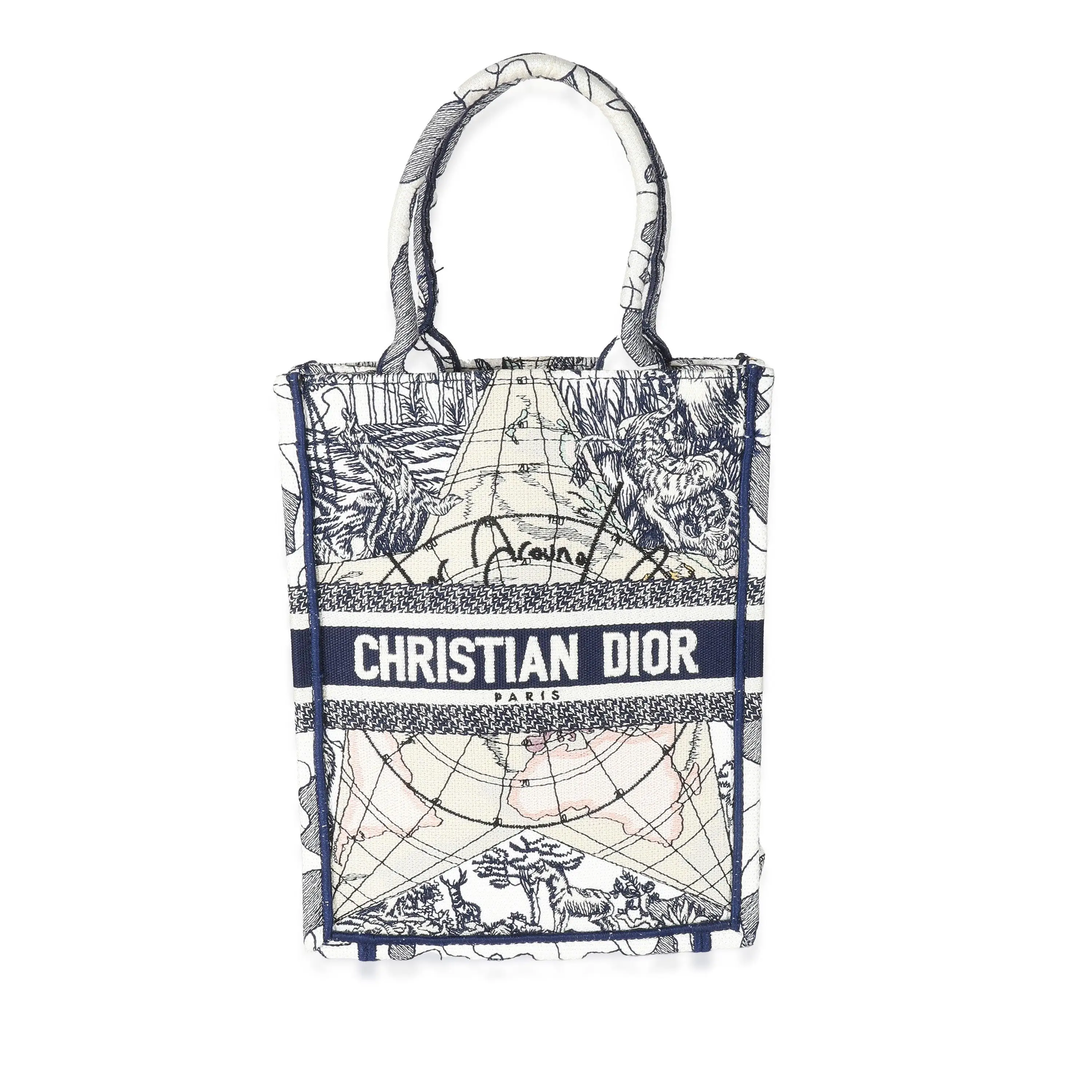 Pre-owned christian dior Canvas Top Handle DIOR Blue White Embroidered Vertical Book Tote
