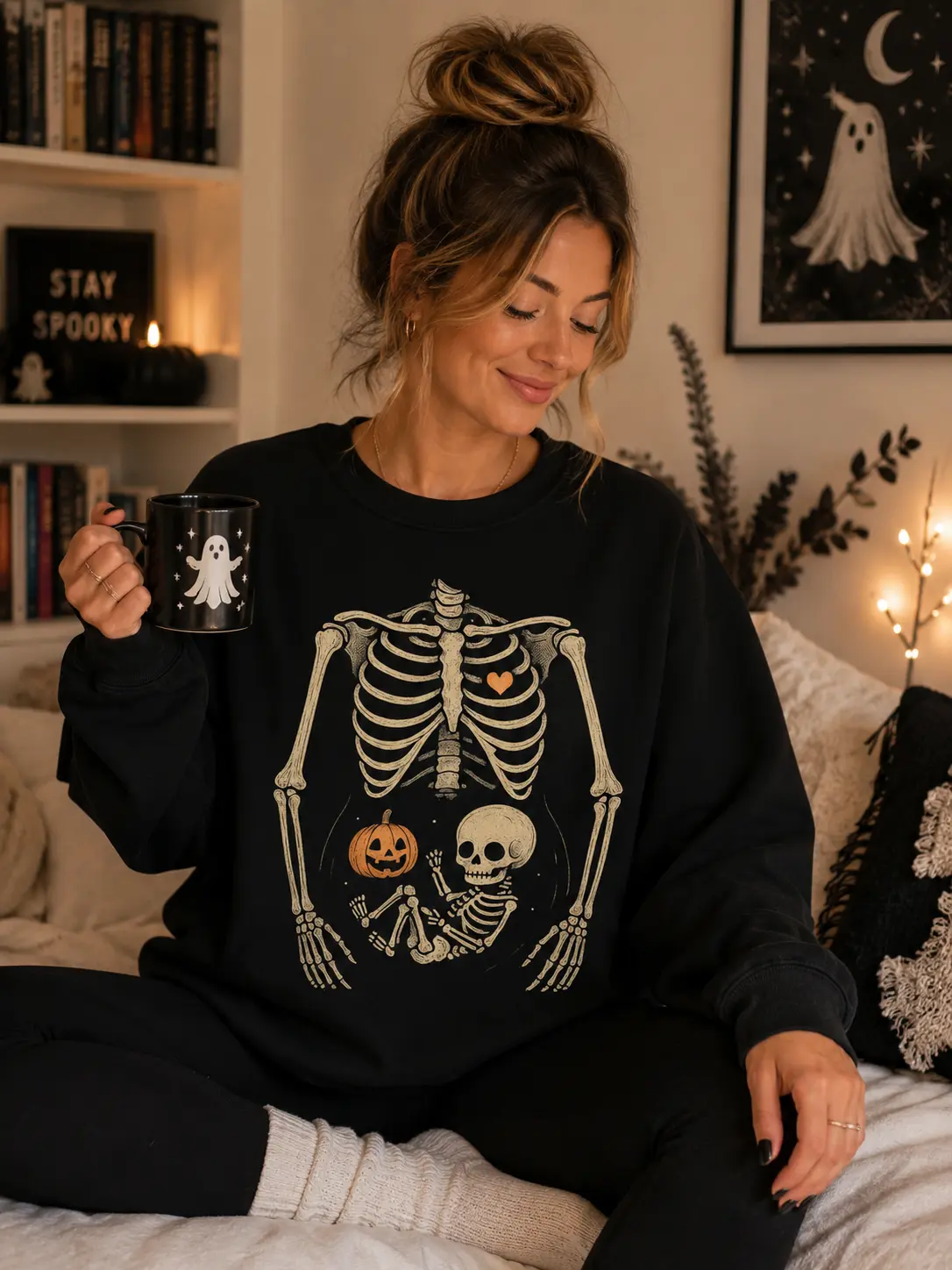 Skeleton Halloween Maternity Sweatshirt, Funny Pregnancy Graphic Crewneck, Spooky Mom To Be Pullover, Baby Bump Halloween Gift, Unisex