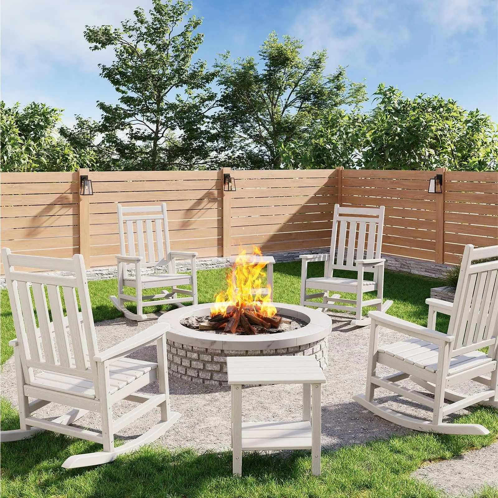 Gaomon 4-Piece Sturdy HDPE Plastic Rocking Chair Set with 2 Side Tables - High Slatted Back, 350 lb Capacity, All-Weather Resistant Lawn & Front Porch Furniture for Adults, Easy Setup - White