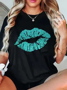 100% Cotton Unisex Kiss Lips Turquoise Blue Valentine's Day Sexy Love Vibe Gift T-Shirt Casual Top