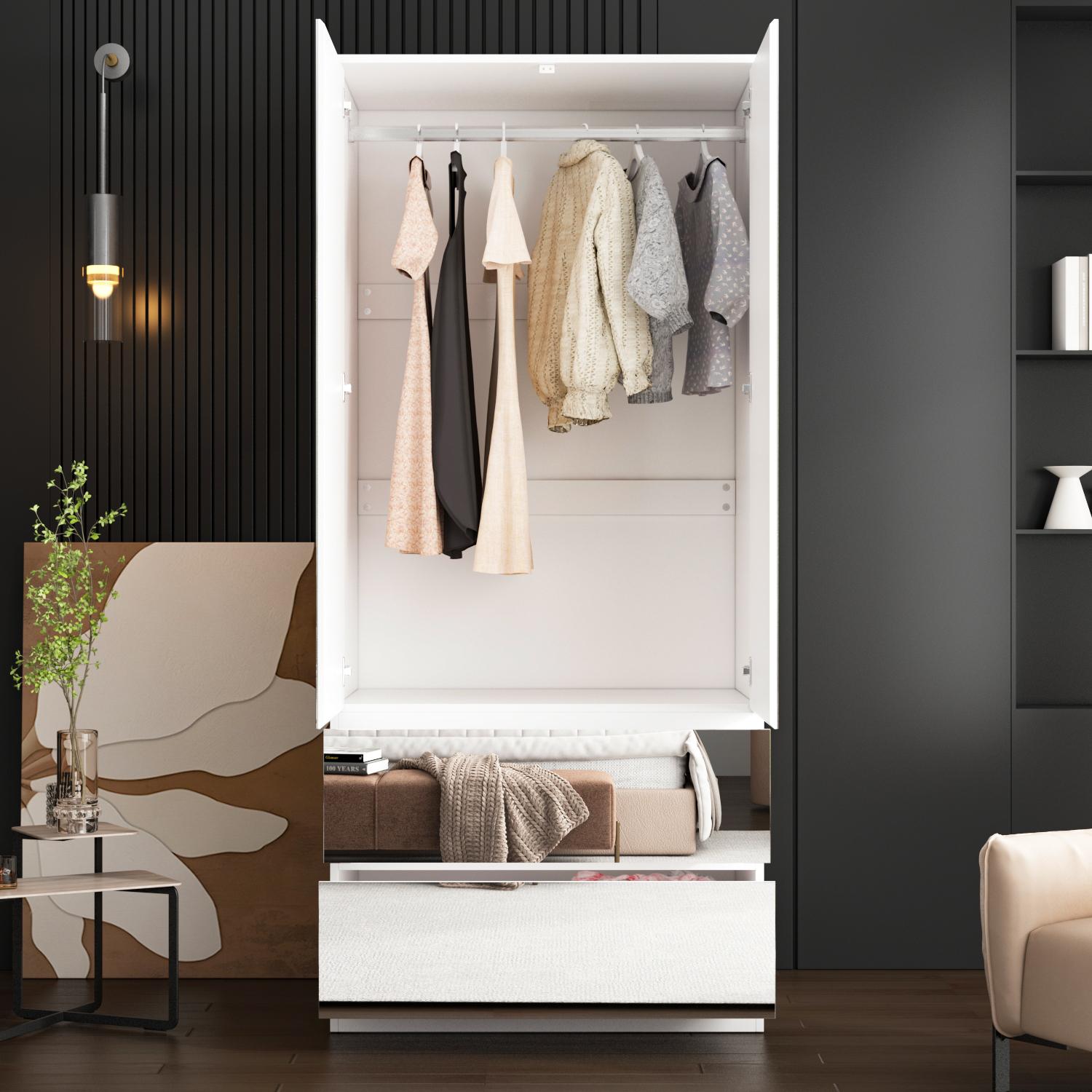 FUFU&GAGA 3 Types Mirror Wardrobe Armoire with Drawers, Full Length Glass Mirrors, 2 Smooth Sliding Drawers & Hanging Rod for Bedroom Storage FUFU&GAGA 3 Types Mirror Wardrobe Armoire with Drawers, Full Length Glass Mirrors, 2 Smooth Sliding Drawers & Hanging Rod for Bedroom Storage