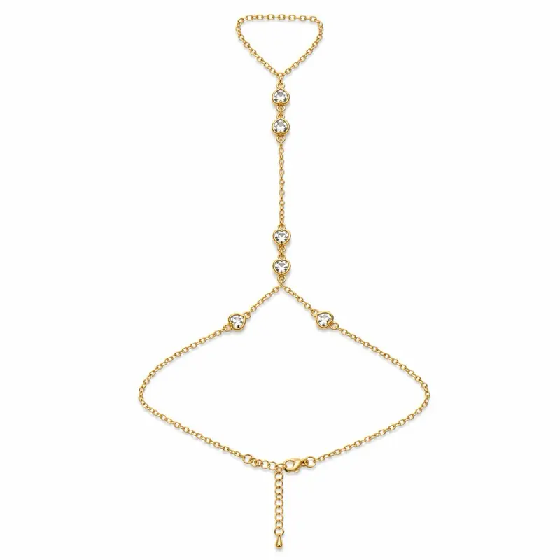 Heart Bezel Hand Chain – 14K Gold Plated Adjustable Bracelet Ring