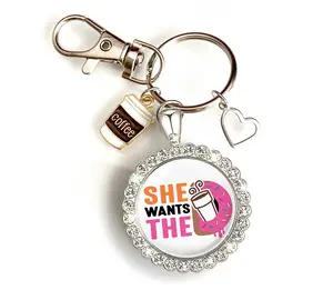 Coffee Lover Keychain Gift, Funny Humor Mother Sister Mama Needs Coffee, Jewelry Accessories for Women Wife Girlfriend, She Wants The D, Rhinestone Charm Dunkin Donuts